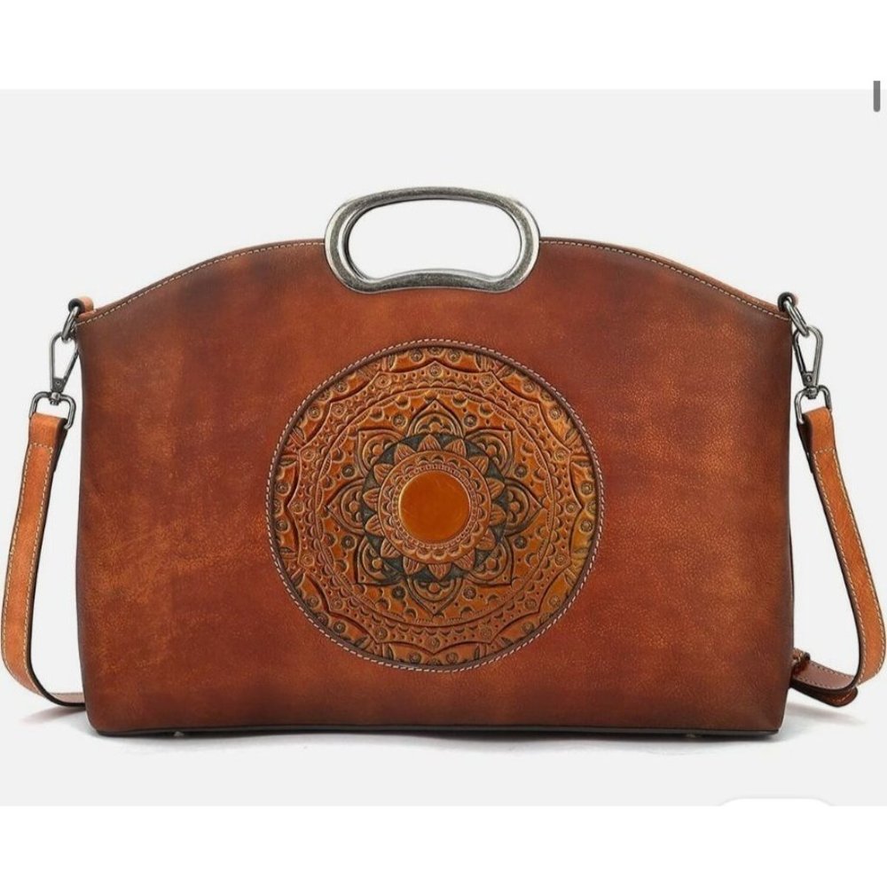 Retro Italian Leather Mandala Embossed Brown Purse Tote Bag with strap MSRP $299